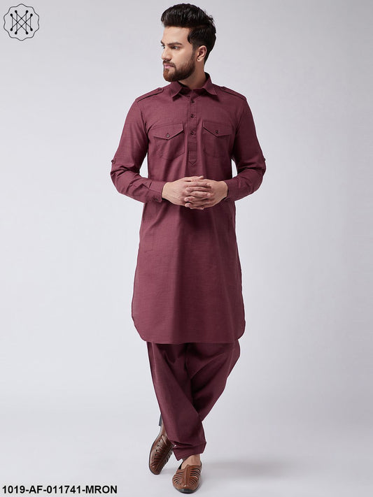 Men's Cotton Maroon Pathani Kurta Salwar Set