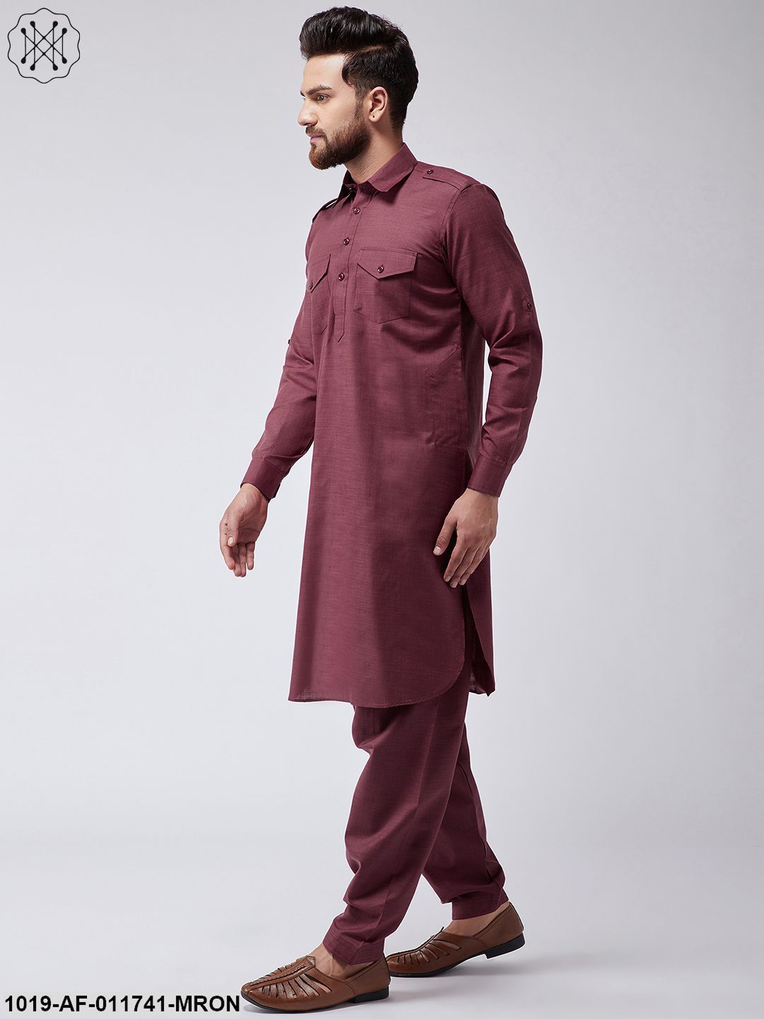 Men's Cotton Maroon Pathani Kurta Salwar Set