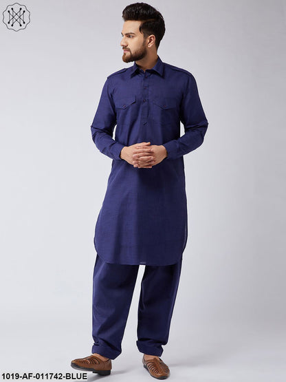 Men's Cotton Navy Blue Pathani Kurta Salwar Set