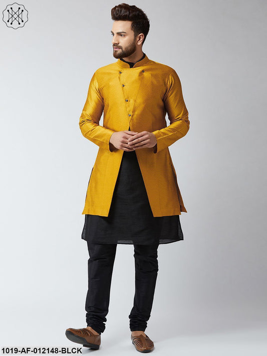 Men's Silk Blend Black Kurta Churidaar Pyjama & Mustard Sherwani Jacket Set