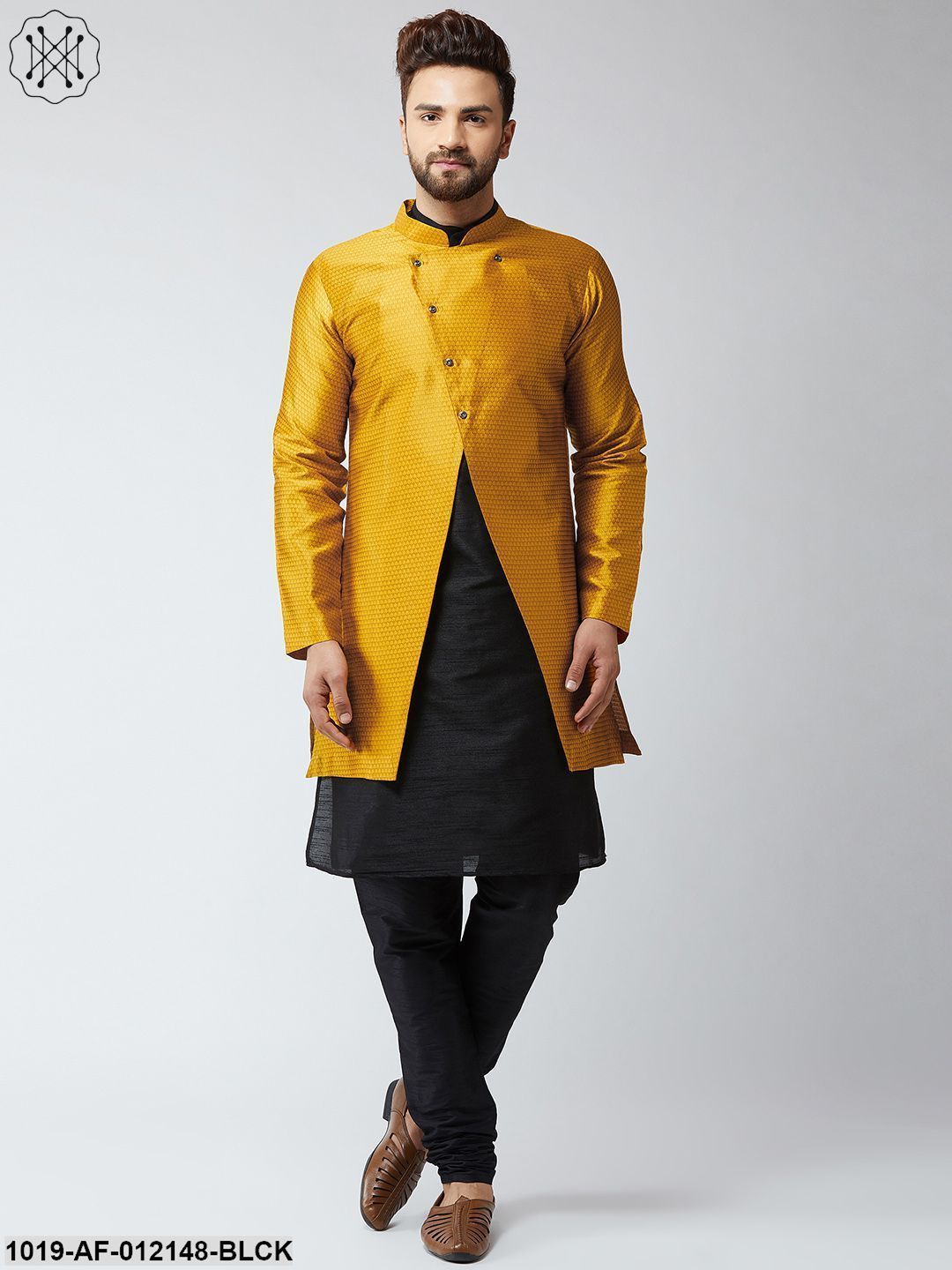 Men's Silk Blend Black Kurta Churidaar Pyjama & Mustard Sherwani Jacket Set