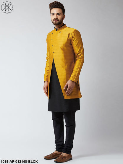 Men's Silk Blend Black Kurta Churidaar Pyjama & Mustard Sherwani Jacket Set