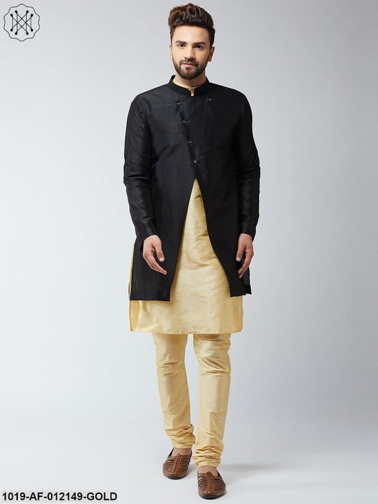 Men's Silk Blend Gold Kurta Churidaar Pyjama & Black Sherwani Jacket Set