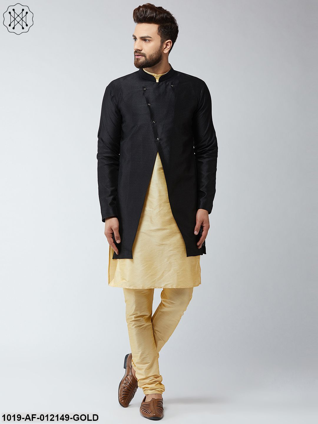 Men's Silk Blend Gold Kurta Churidaar Pyjama & Black Sherwani Jacket Set