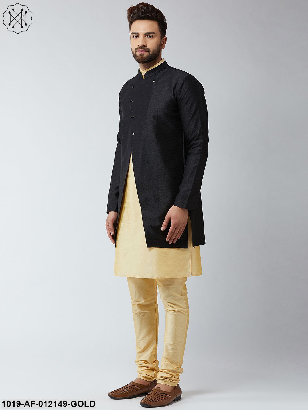 Men's Silk Blend Gold Kurta Churidaar Pyjama & Black Sherwani Jacket Set