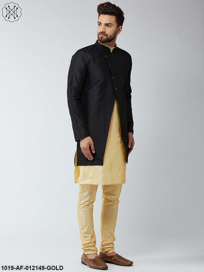 Men's Silk Blend Gold Kurta Churidaar Pyjama & Black Sherwani Jacket Set