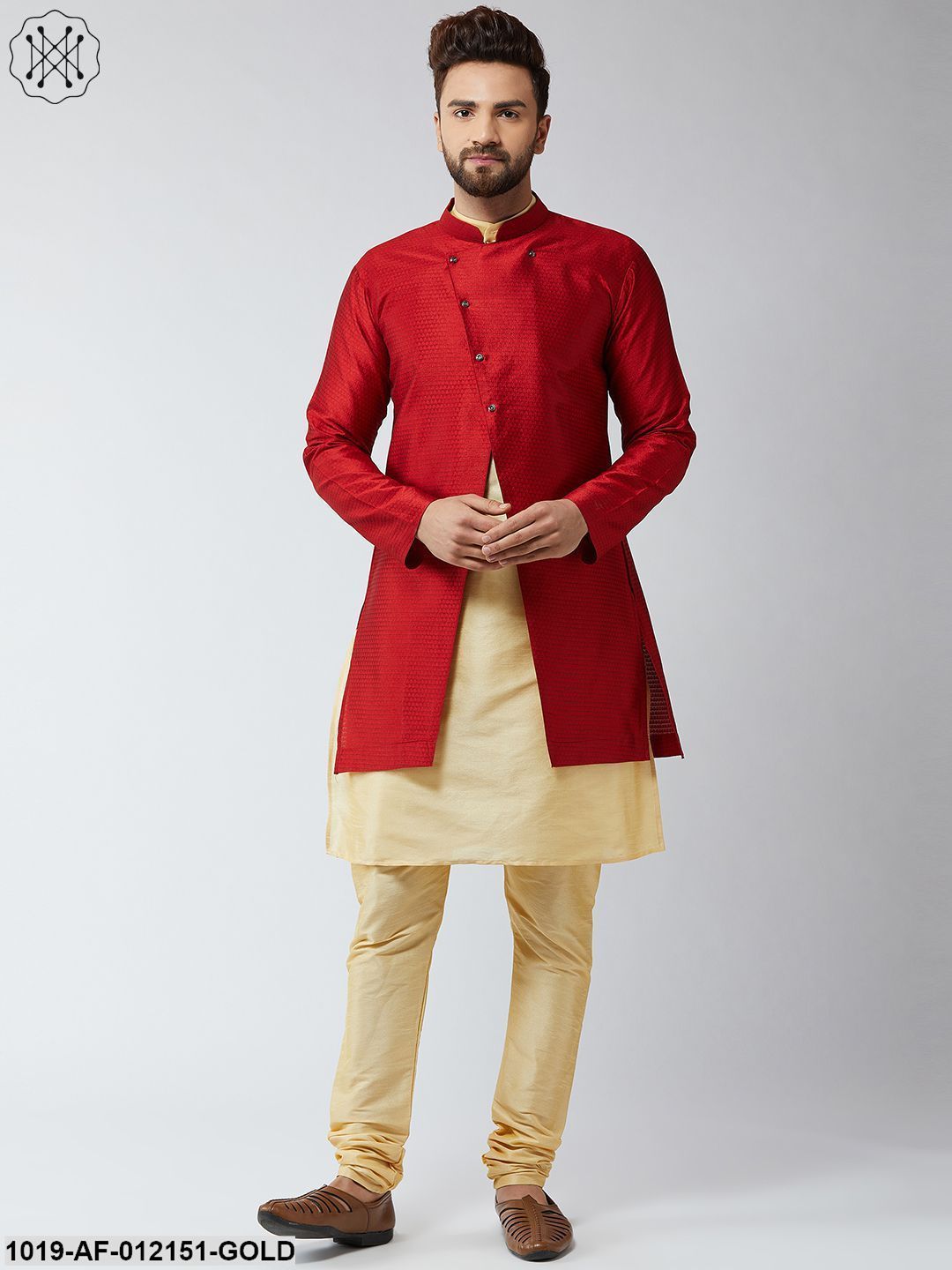 Men's Silk Blend Gold Kurta Churidaar Pyjama & Royal Blue Sherwani Jacket Set