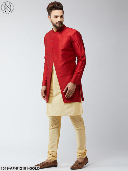 Men's Silk Blend Gold Kurta Churidaar Pyjama & Royal Blue Sherwani Jacket Set