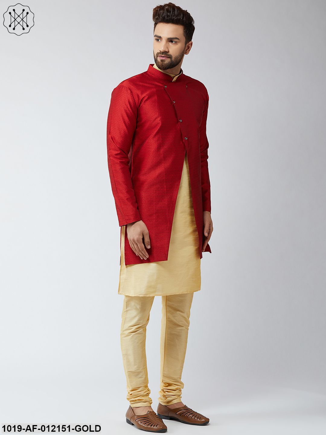 Men's Silk Blend Gold Kurta Churidaar Pyjama & Royal Blue Sherwani Jacket Set