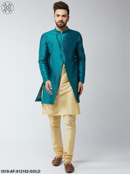 Men's Silk Blend Gold Kurta Churidaar Pyjama & Peacock Sherwani Jacket Set