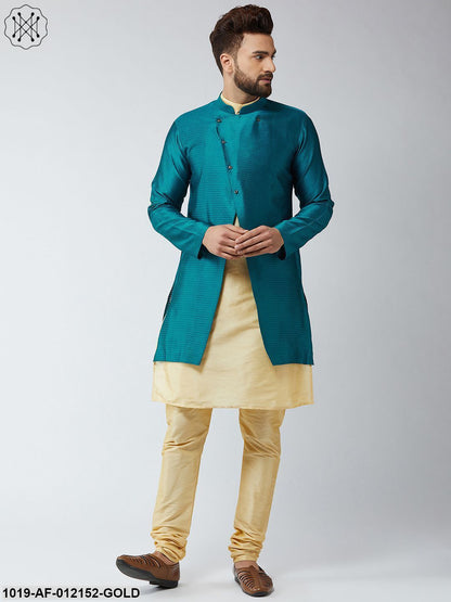 Men's Silk Blend Gold Kurta Churidaar Pyjama & Peacock Sherwani Jacket Set