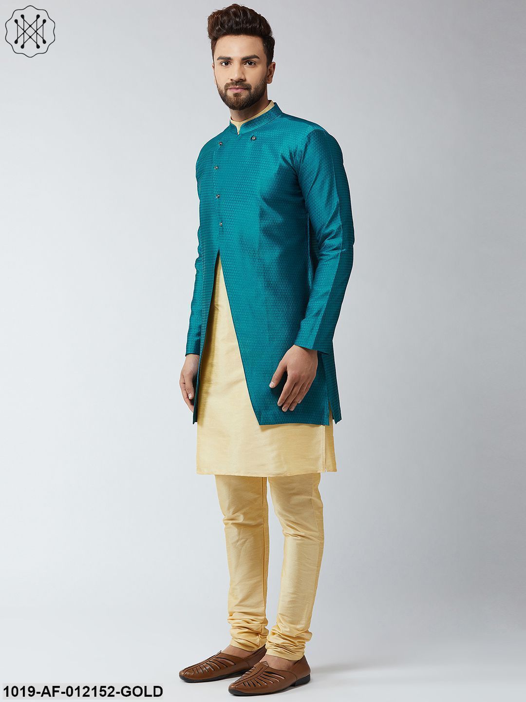 Men's Silk Blend Gold Kurta Churidaar Pyjama & Peacock Sherwani Jacket Set