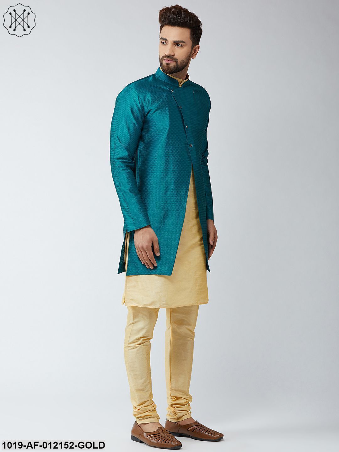 Men's Silk Blend Gold Kurta Churidaar Pyjama & Peacock Sherwani Jacket Set