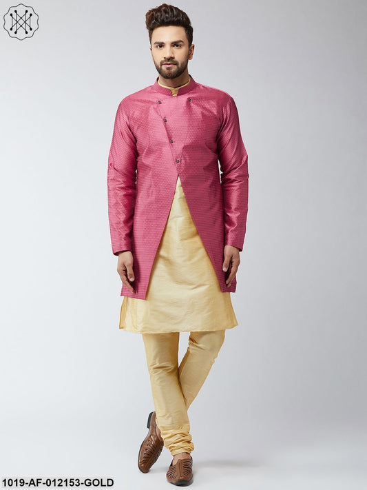 Men's Silk Blend Gold Kurta Churidaar Pyjama & Pink Sherwani Jacket Set