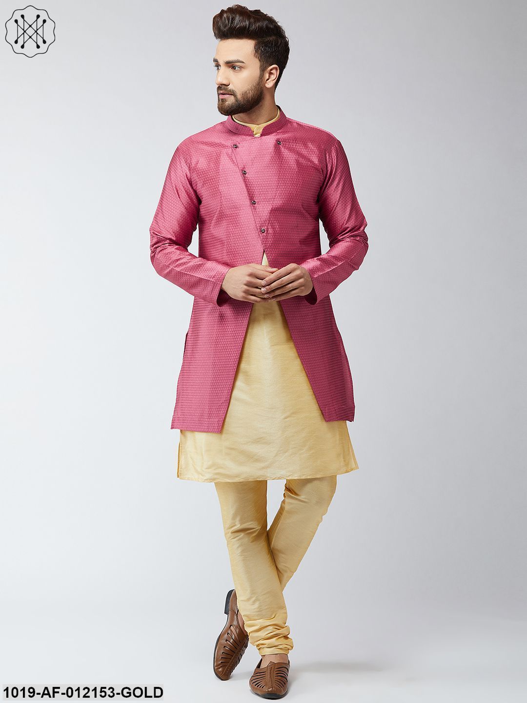 Men's Silk Blend Gold Kurta Churidaar Pyjama & Pink Sherwani Jacket Set