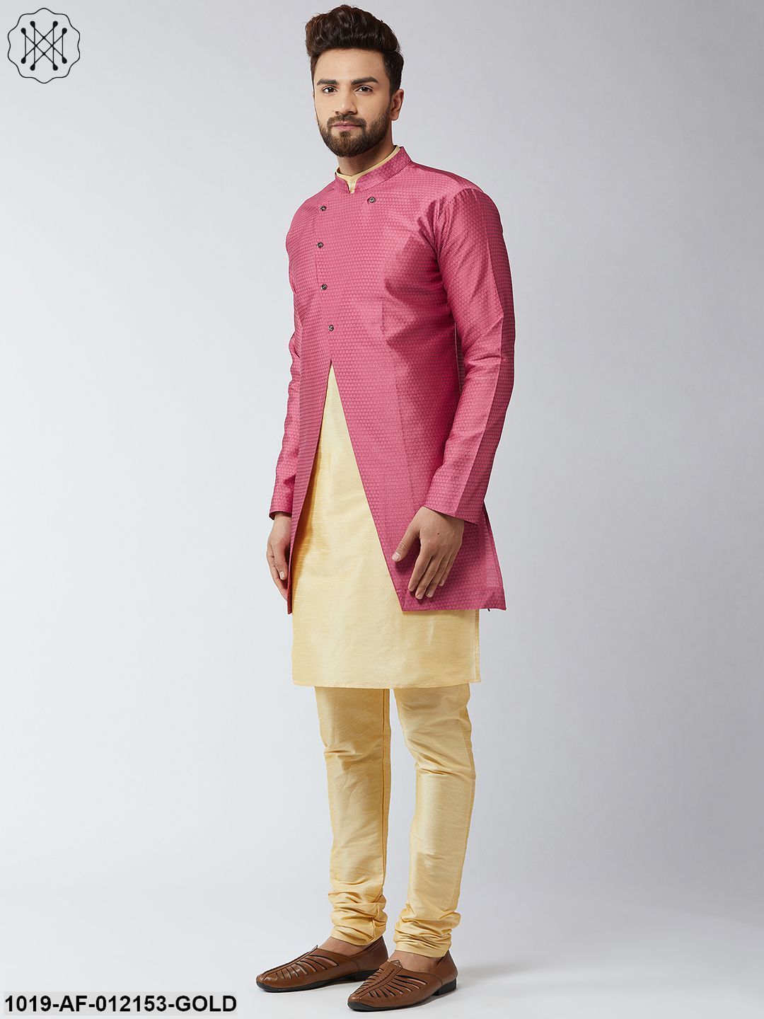 Men's Silk Blend Gold Kurta Churidaar Pyjama & Pink Sherwani Jacket Set