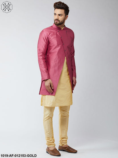 Men's Silk Blend Gold Kurta Churidaar Pyjama & Pink Sherwani Jacket Set