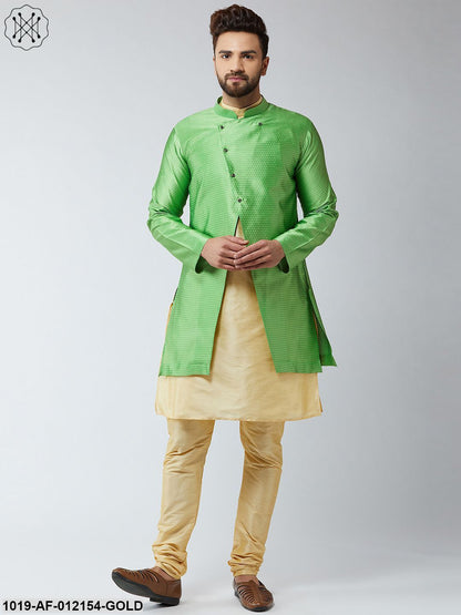 Men's Silk Blend Gold Kurta Churidaar Pyjama & Green Sherwani Jacket Set