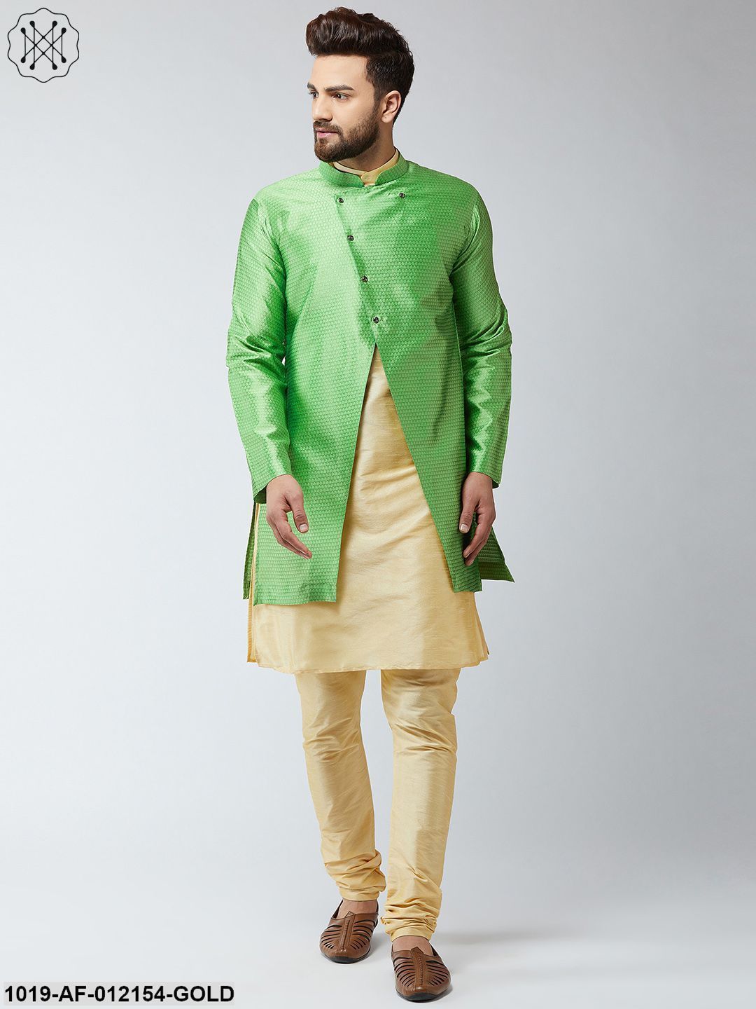 Men's Silk Blend Gold Kurta Churidaar Pyjama & Green Sherwani Jacket Set