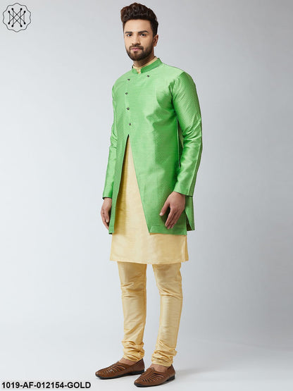 Men's Silk Blend Gold Kurta Churidaar Pyjama & Green Sherwani Jacket Set