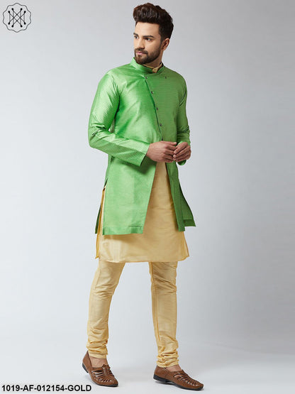 Men's Silk Blend Gold Kurta Churidaar Pyjama & Green Sherwani Jacket Set