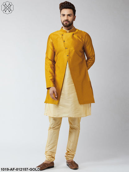 Men's Silk Blend Gold Kurta Churidaar Pyjama & Mustard Sherwani Jacket Set