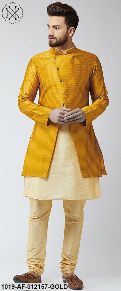 Men's Silk Blend Gold Kurta Churidaar Pyjama & Mustard Sherwani Jacket Set