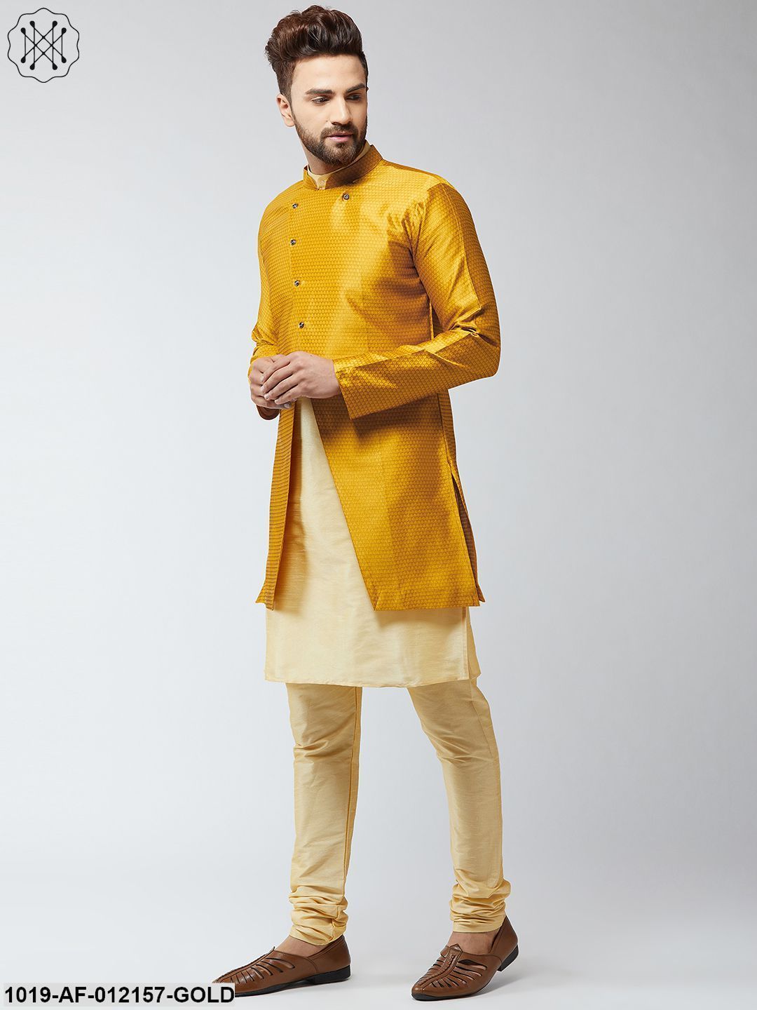 Men's Silk Blend Gold Kurta Churidaar Pyjama & Mustard Sherwani Jacket Set