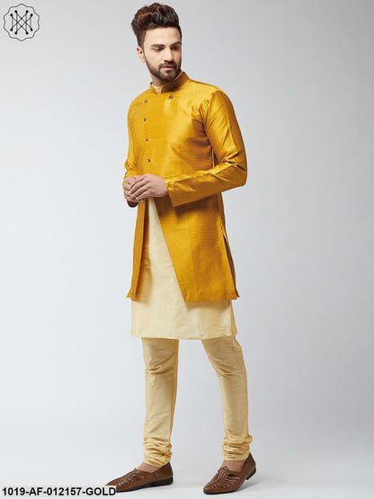 Men's Silk Blend Gold Kurta Churidaar Pyjama & Mustard Sherwani Jacket Set