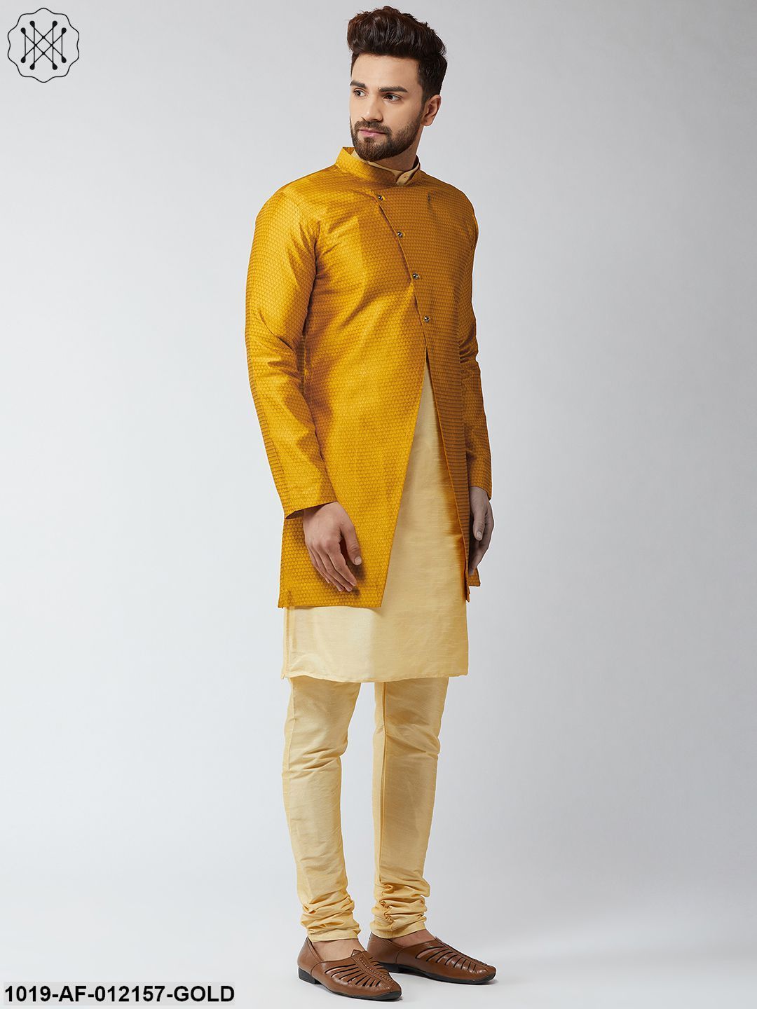 Men's Silk Blend Gold Kurta Churidaar Pyjama & Mustard Sherwani Jacket Set