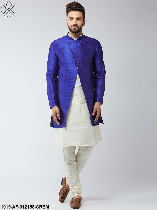 Men's Silk Blend Cream Kurta Churidaar Pyjama & Royal Blue Sherwani Jacket Set