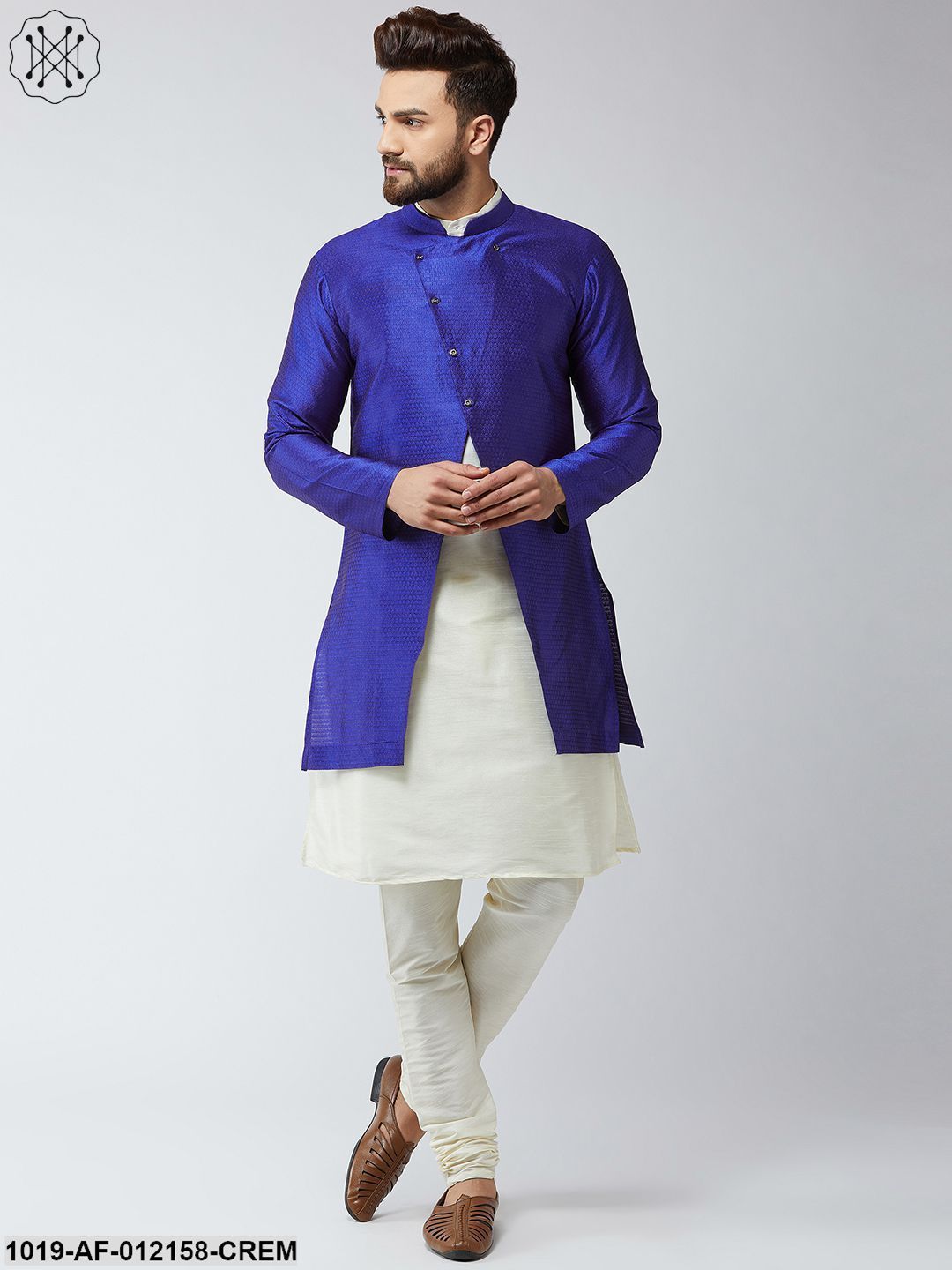 Men's Silk Blend Cream Kurta Churidaar Pyjama & Royal Blue Sherwani Jacket Set