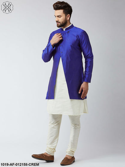 Men's Silk Blend Cream Kurta Churidaar Pyjama & Royal Blue Sherwani Jacket Set