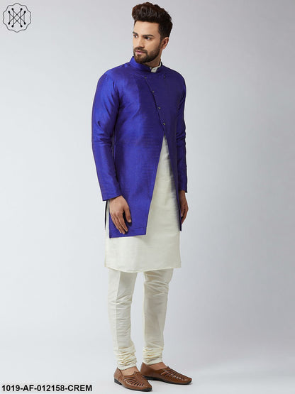 Men's Silk Blend Cream Kurta Churidaar Pyjama & Royal Blue Sherwani Jacket Set