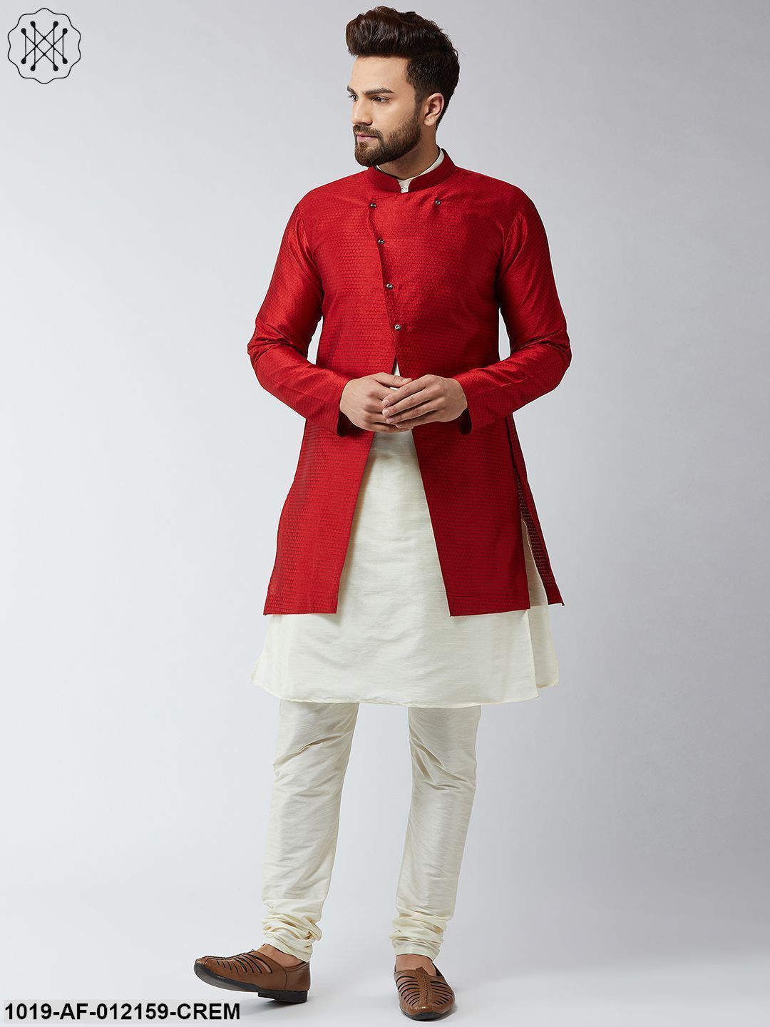 Men's Silk Blend Cream Kurta Churidaar Pyjama & Maroon Sherwani Jacket Set