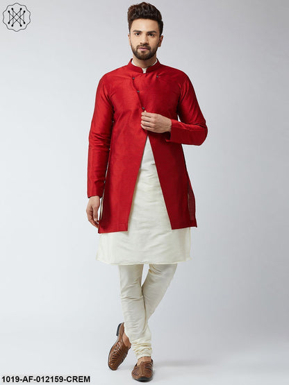 Men's Silk Blend Cream Kurta Churidaar Pyjama & Maroon Sherwani Jacket Set