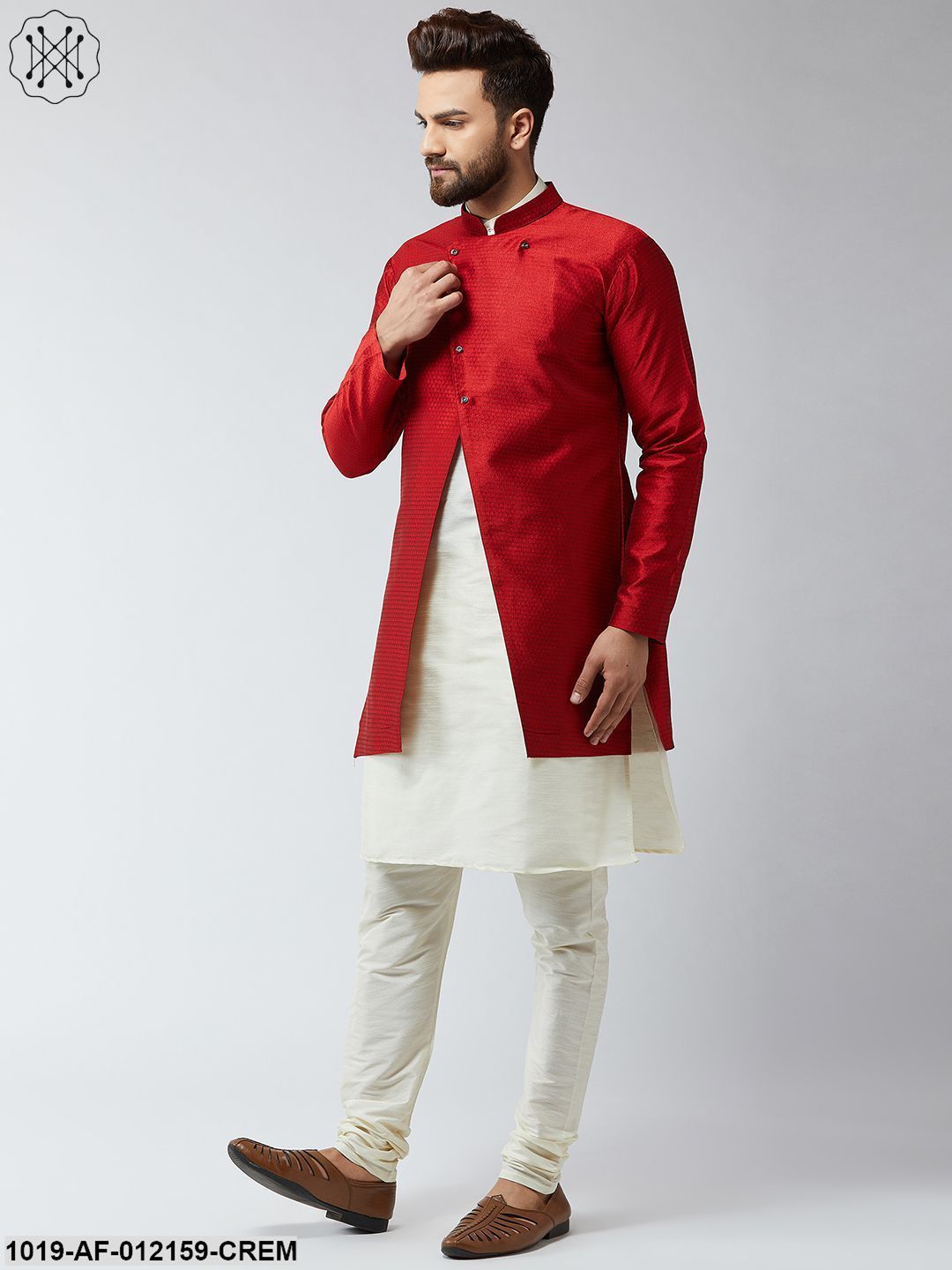 Men's Silk Blend Cream Kurta Churidaar Pyjama & Maroon Sherwani Jacket Set