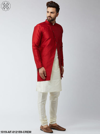 Men's Silk Blend Cream Kurta Churidaar Pyjama & Maroon Sherwani Jacket Set