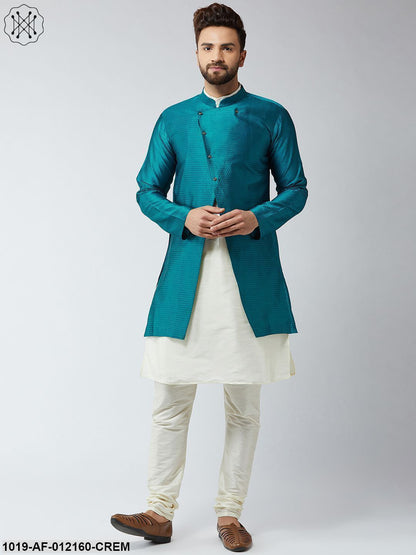 Men's Silk Blend Cream Kurta Churidaar Pyjama & Peacock Sherwani Jacket Set