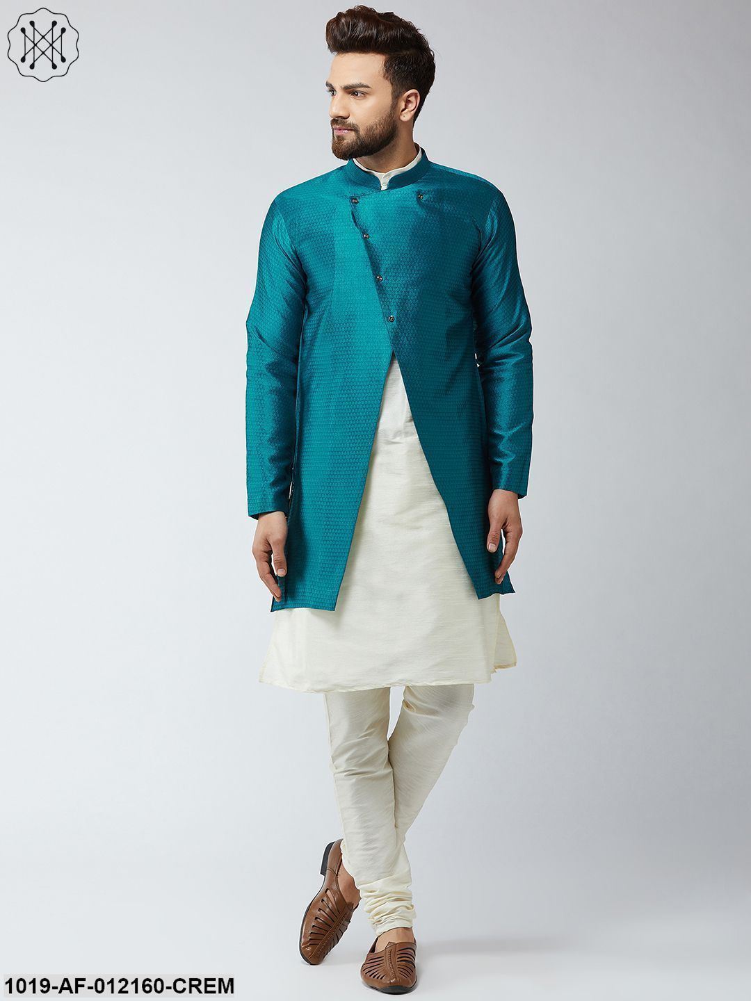 Men's Silk Blend Cream Kurta Churidaar Pyjama & Peacock Sherwani Jacket Set