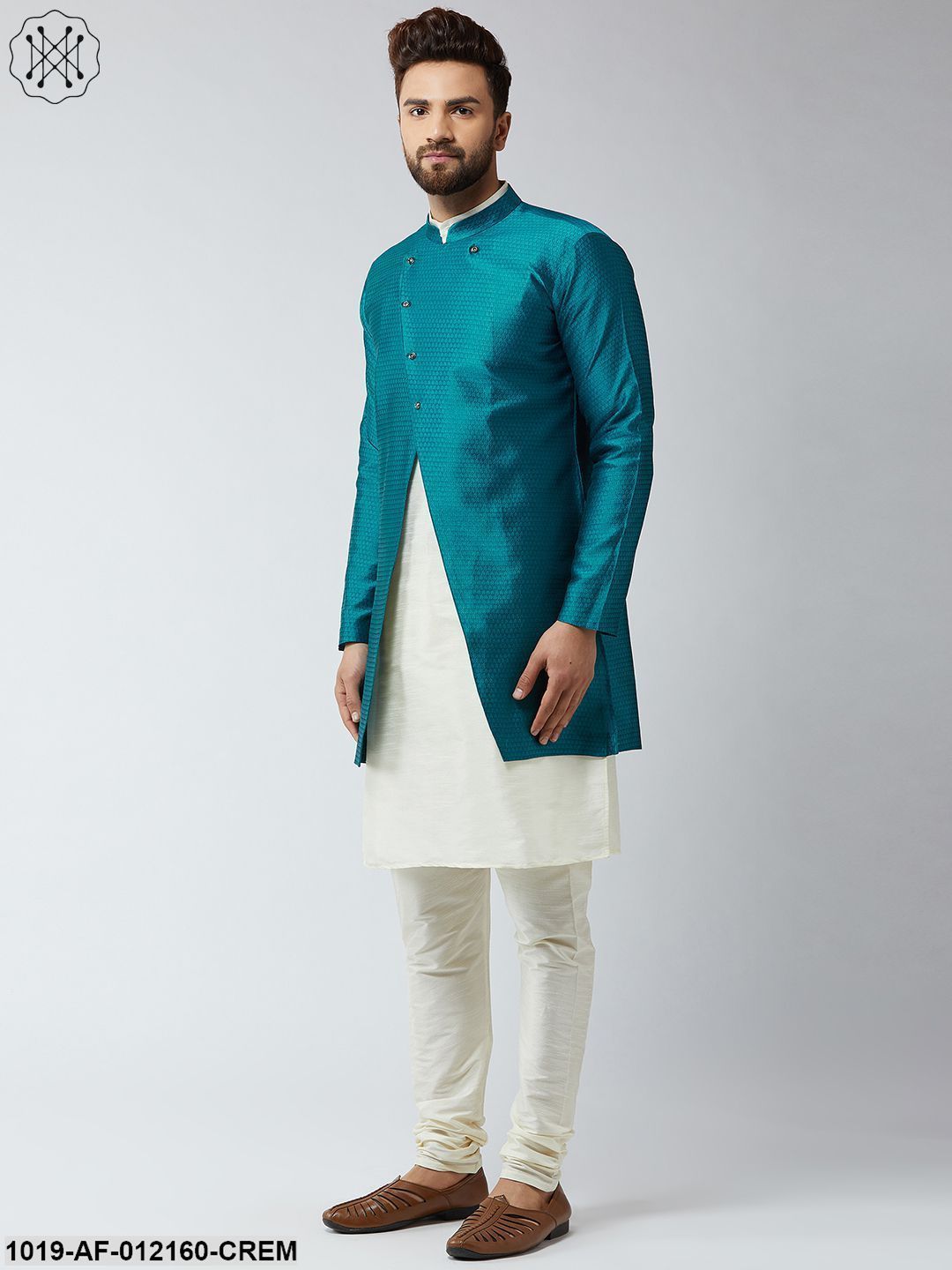 Men's Silk Blend Cream Kurta Churidaar Pyjama & Peacock Sherwani Jacket Set