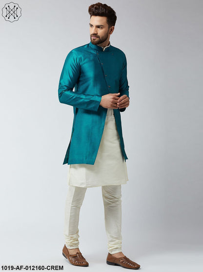 Men's Silk Blend Cream Kurta Churidaar Pyjama & Peacock Sherwani Jacket Set