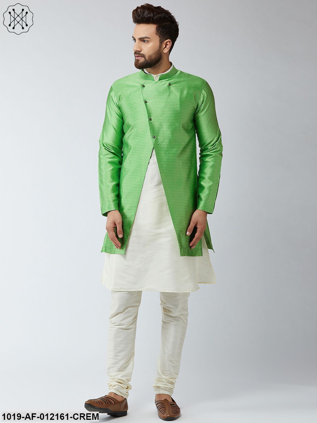 Men's Silk Blend Cream Kurta Churidaar Pyjama & Green Sherwani Jacket Set