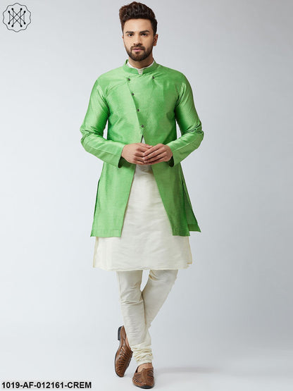 Men's Silk Blend Cream Kurta Churidaar Pyjama & Green Sherwani Jacket Set