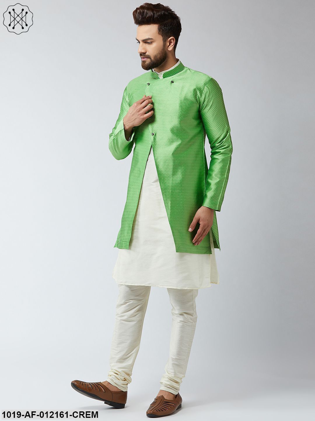 Men's Silk Blend Cream Kurta Churidaar Pyjama & Green Sherwani Jacket Set