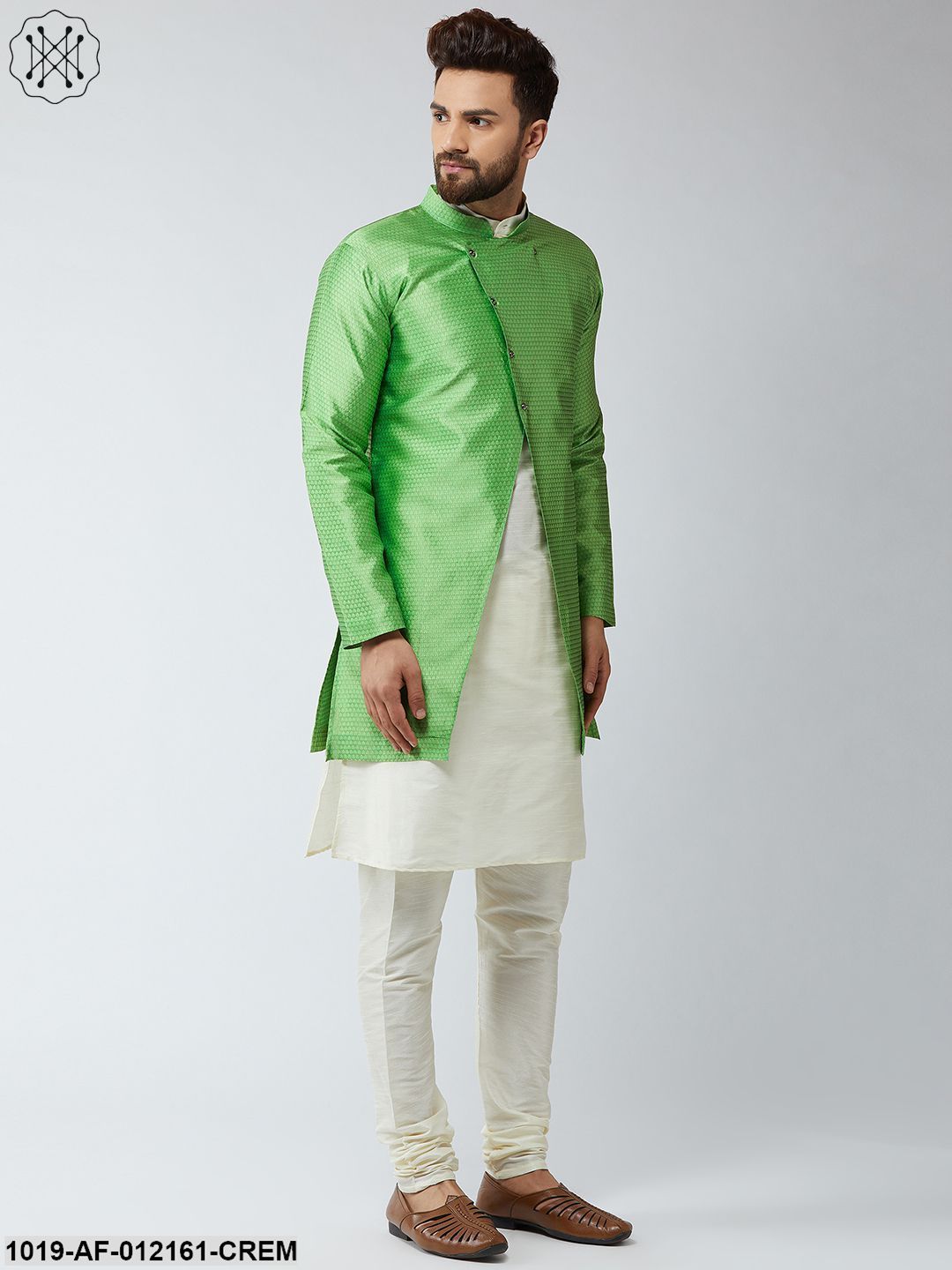 Men's Silk Blend Cream Kurta Churidaar Pyjama & Green Sherwani Jacket Set