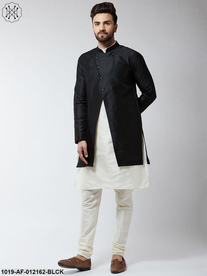 Men's Silk Blend Cream Kurta Churidaar Pyjama & Black Sherwani Jacket Set