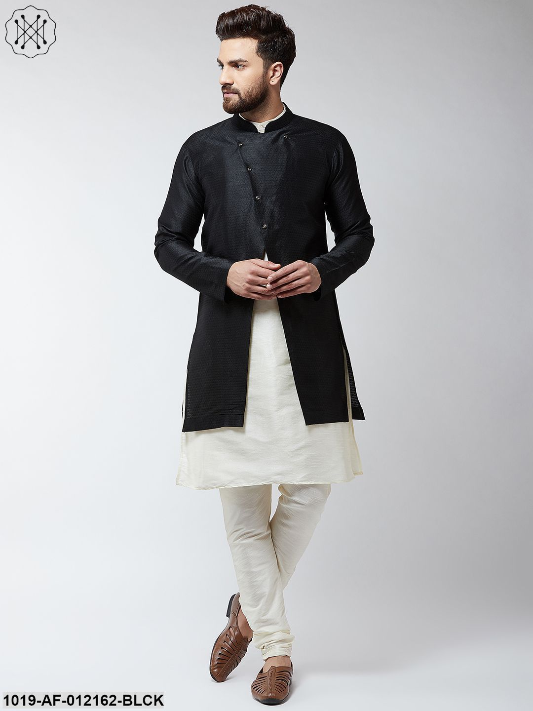 Men's Silk Blend Cream Kurta Churidaar Pyjama & Black Sherwani Jacket Set