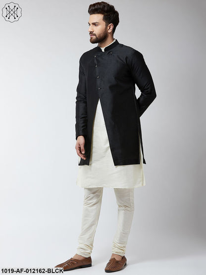 Men's Silk Blend Cream Kurta Churidaar Pyjama & Black Sherwani Jacket Set