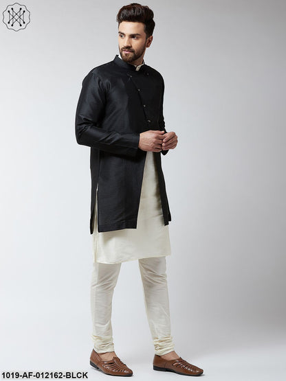 Men's Silk Blend Cream Kurta Churidaar Pyjama & Black Sherwani Jacket Set